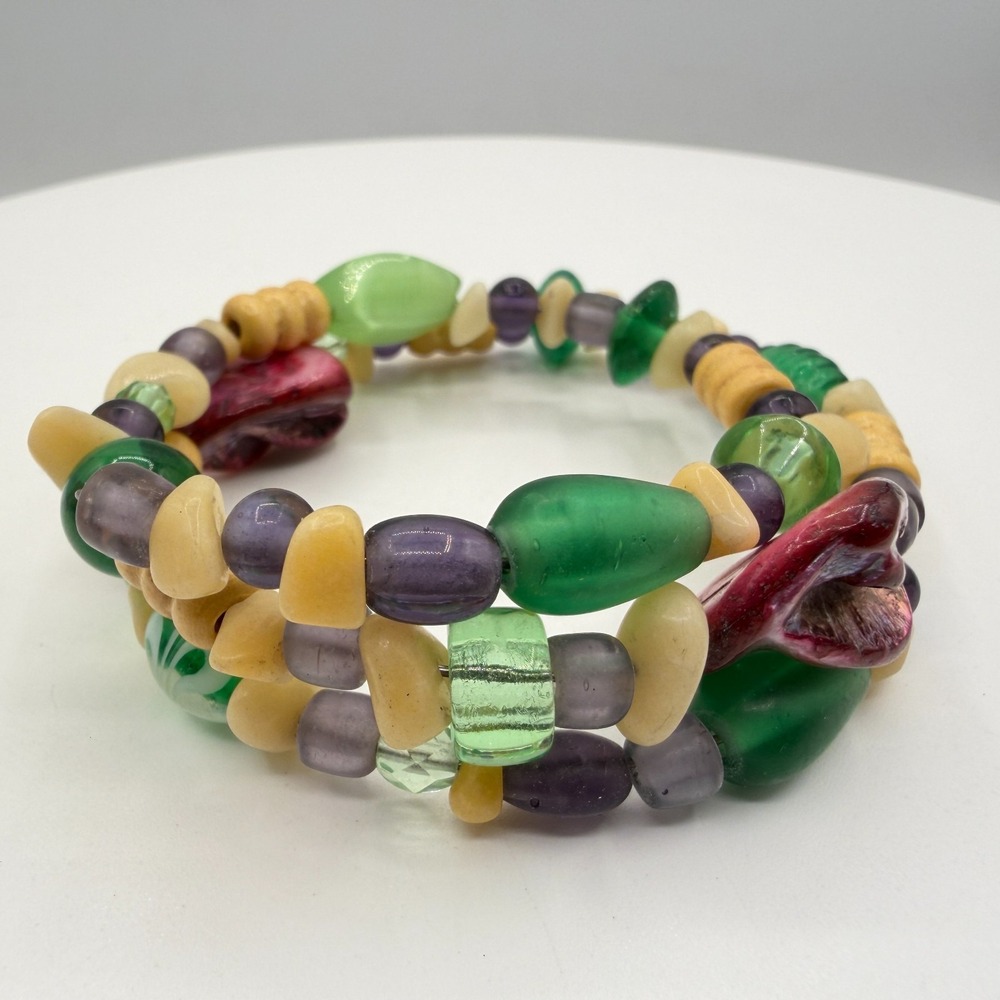 Green Purple Glass Bead Memory Wire Bracelet Floral Boho Statement Vintage Gift